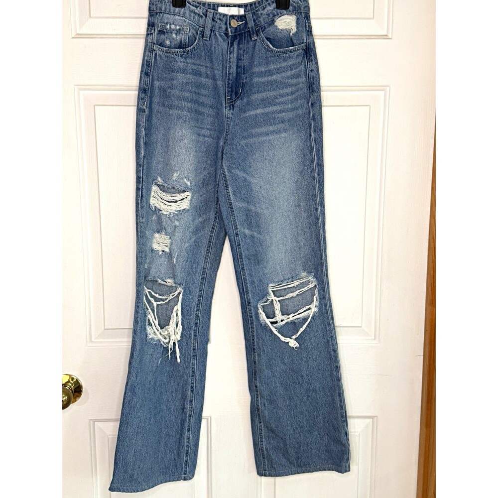 Vervet Blue Women's Straight Jeans - Medium Blue Wash, Distressed, 5-Pocket